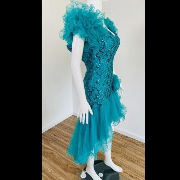 VTG 80's FLIRTATIONS Gown Alfred Angelo Teal Prom Party Hi Low Dress Waist Bow - Picture 3 of 15